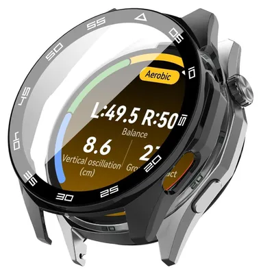 A close-up, angled view of a smartwatch with a protective case and screen protector.