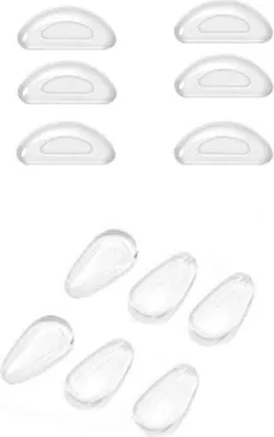 Produktbild von 6 Paar ergonomische Nasenpads aus extraweichem Silikon für Brillen und Sonnenbrillen – mit D-Form und tropfenförmiger Kontur für optimalen Sitz und Druckentlastung. Die hautfreundlichen Nasenpolster reduzieren den Druck schwerer Brillen auf den Nasenrücken, verhindern Verrutschen und eignen sich besonders für Kunststoff-Fassungen sowie flache optische und Sonnenbrillengläser. Im Lieferumfang enthalten: 6 Paar selbstklebende Nasenpads und eine rechteckige Kunststoffbox zur sicheren Aufbewahrung und mobilen N