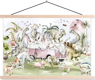 Produktbild von MuchoWow® Textilposter Dinosaurier - Kinder - Bus - Bäume - Tiere - Kinder 60x40 cm mit holzfarbenen Rahmen - Bilder