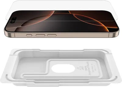A screen protector is shown above an iPhone, and below is a white plastic tray.