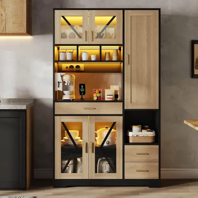 Immagine prodotto di Mobiletto contenitore con prese di corrente e strisce LED, 5 ante, 3 cassetti, ripiani interni regolabili, dimensioni 185x105x40 cm, colore nero e naturale