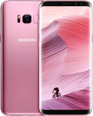 A pink Samsung Galaxy S8 smartphone is shown from the back and front.