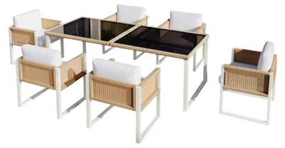 Immagine prodotto di Set da pranzo in polyrattan, mobili da giardino, set da pranzo da giardino per 6 persone con poltrone, rivestimenti in tessuto sfoderabili e lavabili