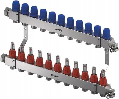 Obrázek produktu pro Rozdělovač topného okruhu pro podlahové vytápění – 11 okruhů z nerezové oceli s průtokoměrem a ventily
