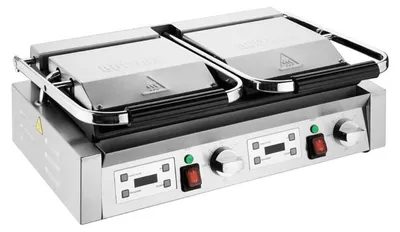 A professional studio shot of a commercial-grade double panini press.