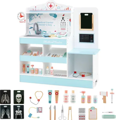 Produktbild von GOPLUS Krankenhaus Spielzeug aus Holz, Arzt Spielzeugset mit Stethoskop, Röntgenfilm, 24 medizinischen Zubehör, Doktor Spielset für Kinder (Blau)