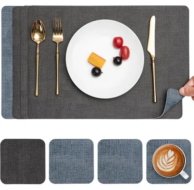 Produktbild von Tischsets Abwaschbar Lederoptik 4er Set Grau Hellblau Doppelseitig Rutschfest