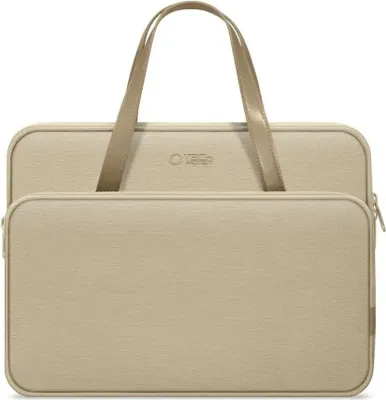 A beige laptop bag with handles is shown against a white background.