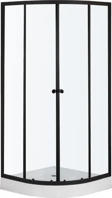 A front view of a black framed glass shower enclosure with a white base.