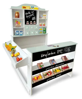 Produktbild von Kaufladen Pit Kinder Kaufmannsladen aus Holz, Verkaufsstand, Theke, Tafel, Seitentheke, Schublade Marktstand als tolles Geschenk LxTxH: ca. 93 x 96 x 120 cm Farbe: Grün