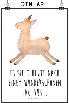 Produktbild von Mr. & Mrs. Panda Bild Lama Springen DIN A2 - Weiß - Geschenk, Glück, drucke, Wandbild, Freundin, Plakat, wanddeko, wandkunst, Guten Morgen, Start, Lamas