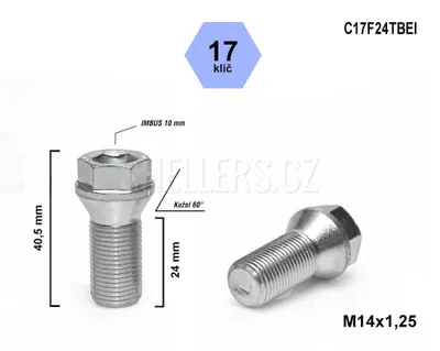 Obrázok produktu pre Skrutka kolesa M14x1,25x24 s kužeľovou hlavou, kľúč 17, C17F24TBEI, výška 40,5 mm