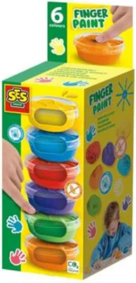 Produktbild von SES Creative Fingerfarbe 6 Farben x 45 ml, Blau, Grün, Orange, Violett, Rot, Gelb, Waschbar, Gluten-frei, 45 ml