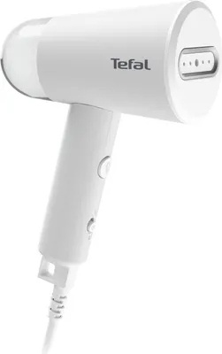A white handheld garment steamer on a white background.