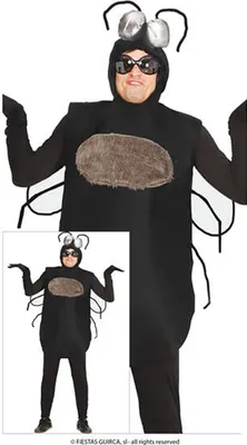 A person wearing a black insect costume with large silver eyes and antennae, and a fuzzy oval on the chest. The costume includes black gloves and black leggings. A smaller inset image shows the same costume on a different person.