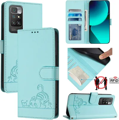 Produktbild von Leder Hülle für Xiaomi Redmi 10 Süße Katze Flip Case Brieftasche Schutzhülle mit Standfunktion hellgrün