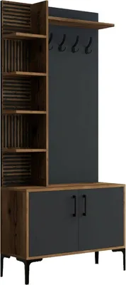 Produktbild von Eingangsmöbel Dghilard, Moderner Eingang, Wandgarderobe, Multifunktions-Aufbewahrungskonsole, 90x35h200 cm, Walnuss und Anthrazit