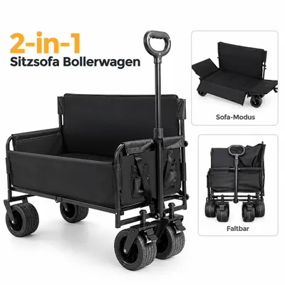 Produktbild von Faltbarer Bollerwagen 3-in-1 mit Sofa- & Liegefunktion, bis 380 kg, klappbar, verstellbare Rückenlehne, gepolstert, für Camping, Garten, Strand