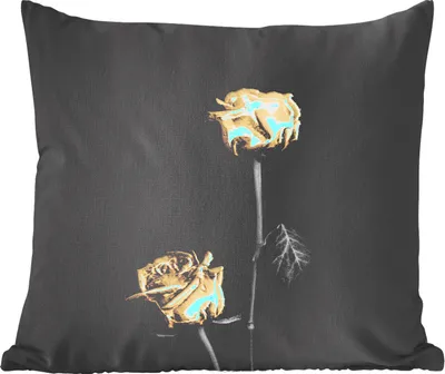 Produktbild von MuchoWow® Zierkissen Sofakissen Wohnzimmer Dekokissen 40x40 cm Rosen - Blumen - Schwarz - Weiß - Gold - Foto Kissen - Schlafzimmer Dekoration