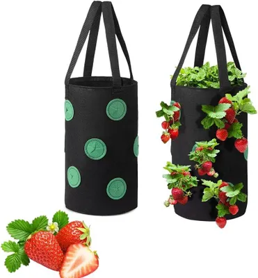 Produktbild von 2 Stück Breathable Pflanzen Tasche, Pflanztasche Hängend, Erdbeer Wachstumsbeutel, Pflanzensack, Pflanztaschen für Draußen, Hanging Felt Plant Bag, für Erdbeere,Kräuter,Gemüse, Blumen(Schwarz)