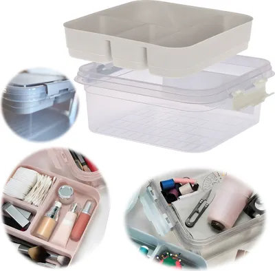 Produktbild von LS-LebenStil Sortierbox Aufbewahrungsbox 26cm Beige Stapelbox mit Deckel Kosmetik Organizer Nähkasten Einsatz für Nähzubehör Kosmetik Make-Up 4 Fächer