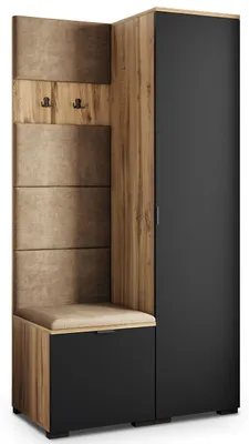 Produktbild von Masseno Garderobe-Set LORI 95/181/51 cm Modern Garderobenschrank Eiche Wotan, Veloursstoff MONOLITH 09 (Beige)
