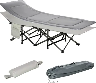 Zdjęcie produktu dla Łóżko polowe Outsunny składane 188 x 64,5 x 53 cm łóżko gościnne z materacem leżak kempingowy z torbą transportową o nośności do 150 kg łóżko składane dla dorosłych łóżko polowe na zewnątrz, kemping podróż ogród jasnoszary