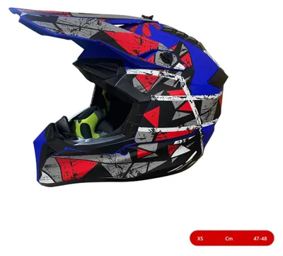 Image de Casque de motocross/enduro pour enfants, compatible avec les motos, les VTT et les vélos – Taille XS (47–48 cm), bleu mat avec des motifs rouge et gris