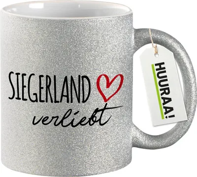 Produktbild von Huuraa Glitzertasse Siegerland verliebt 330ml Silber Keramik Kaffeebecher Geschenkidee
