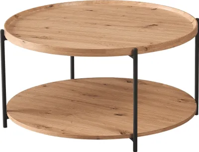 A two-tiered round coffee table with a wood-grain finish and black metal legs, presented against a white background.