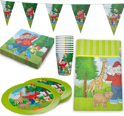 Produktbild von Benjamin Blümchen Partyset 42-tlg – Teller, Becher, Servietten, Tischdecke, Deko