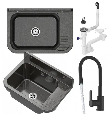 Produktbild von Granitan | Wirtschaftsspüle - PARON - mit schwarzer Armatur - mit Siphon - Schwarz - 50 x 34 cm - für Waschküche und Garage