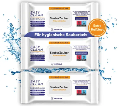 Produktbild von SauberZauber Premium Allzwecktücher 3 x 100 Stück | Feuchte Reinigungstücher in wiederverschließbarer Verpackung | Putztücher für saubere Oberflächen