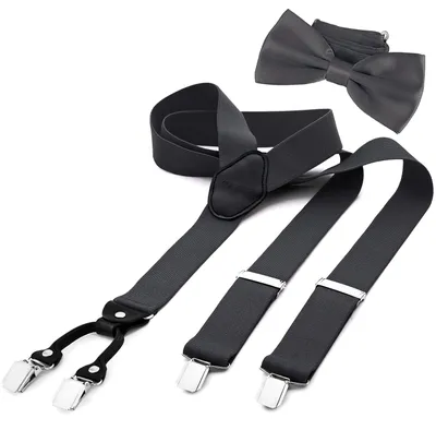 Produktbild von DonDon Herren 3,5 cm breiter Hosenträger in Y-Form elastisch und verstellbar im 2er Set mit farblich passender Fliege 12 x 6 cm Grau