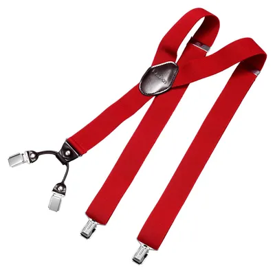 Produktbild von DonDon Herren Hosenträger 3,5 cm breit 4 Clips mit braunem Leder in Y-Form elastisch und längenverstellbar - dunkelrot
