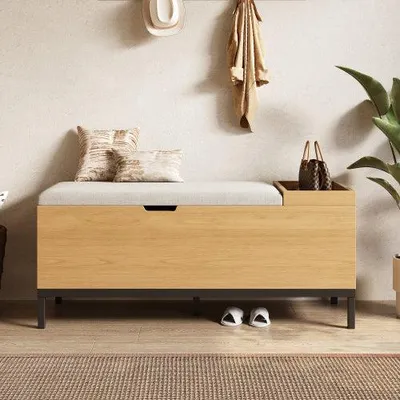 Obrázok produktu pre Lavica s úložným priestorom 115 cm, čalúnená truhlicová lavica vzhľad dreva prírodný, látkový poťah svetlosivý, lavica do predsiene