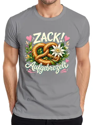 Produktbild von Zack Aufgebrezelt Brezel Edelweiss Lederhose Dirndl Herren T-Shirt, Grau, XL