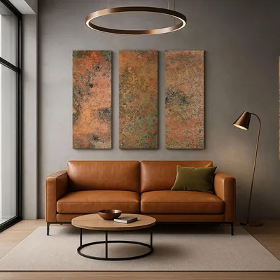 Produktbild von CopperAndCraft Echtes Kupfer Wandbild 3 Paneele 90x90 cm, Handgefertigtes Metallkunstwerk, Moderne und Rustikale Wanddeko, Europäische Herstellung