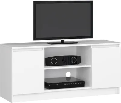 Produktbild von TV-Schrank Fernsehkommode K-120 ein offenes Regalfach 2 Ablagen mit Türen links und rechts Funktional Für Wohnzimmer Möbel Lowboard Universelles Design H55 x B120 x T40 cm Gewicht 30 kg Farbe: Weiß