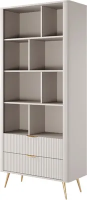 A tall, narrow bookshelf with two drawers at the bottom, shown against a white background.