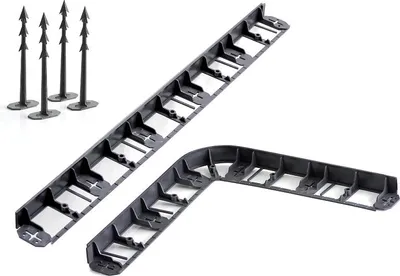 A set of black plastic lawn edging pieces and stakes on a white background.