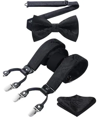 Produktbild von Hosenträger Herren 3,5 cm mit 6 Clips Y-Form Elastisch Längenverstellbar 130 cm Fliege 3er Set Schwarz Paisley