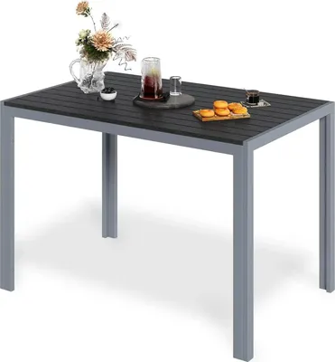 Obrázek produktu pro Venkovní jídelní stůl - hliníkový zahradní stůl - 110 × 70 × 73 cm, lamelová deska z dřevěného materiálu, lamely 6,5 × 10 cm, pro 6 osob, odolný proti povětrnostním vlivům - šedý