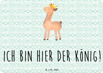 Produktbild von Mr. & Mrs. Panda Wandbild Lama König DIN A6 - Aztekenblau - Geschenk, Schild, Mama, Chef, Türschild, Freundin, Abitur, Papa, Metallschild, tafel, Retro Blechschild