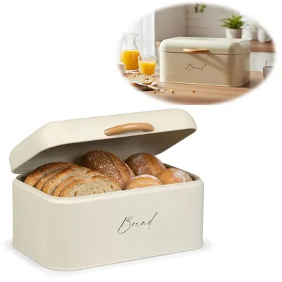 Produktbild von LS-LebenStil Vintage Brotkasten Weiß 30cm Slogan Bread Metall mit Deckel Retro Brotbox Aufbewahrungskorb