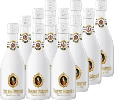A group of white bottles of sparkling wine.