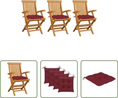 Image de The Living Store Chaises de jardin avec coussins bordeaux 3 pcs. Bois massif teck