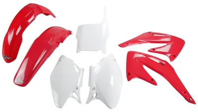Image de Kit de carénage UFO PLAST, 7 pièces, ensemble de carénages en plastique pour Honda CRF R 450 cm³, année de fabrication 2004, couleur : rouge / blanc