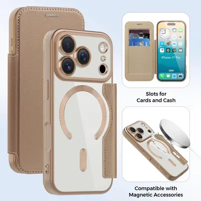 Image de Étui compatible MagSafe pour iPhone 17 Pro, étui transparent avec porte-cartes, étui en cuir avec protection de l'appareil photo Desert Gold
