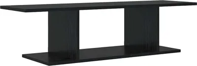 A black TV stand with an open middle section, shown against a white background.